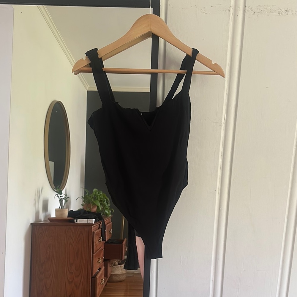 Free People Black Asymmetrical Cut Out Bodysuit